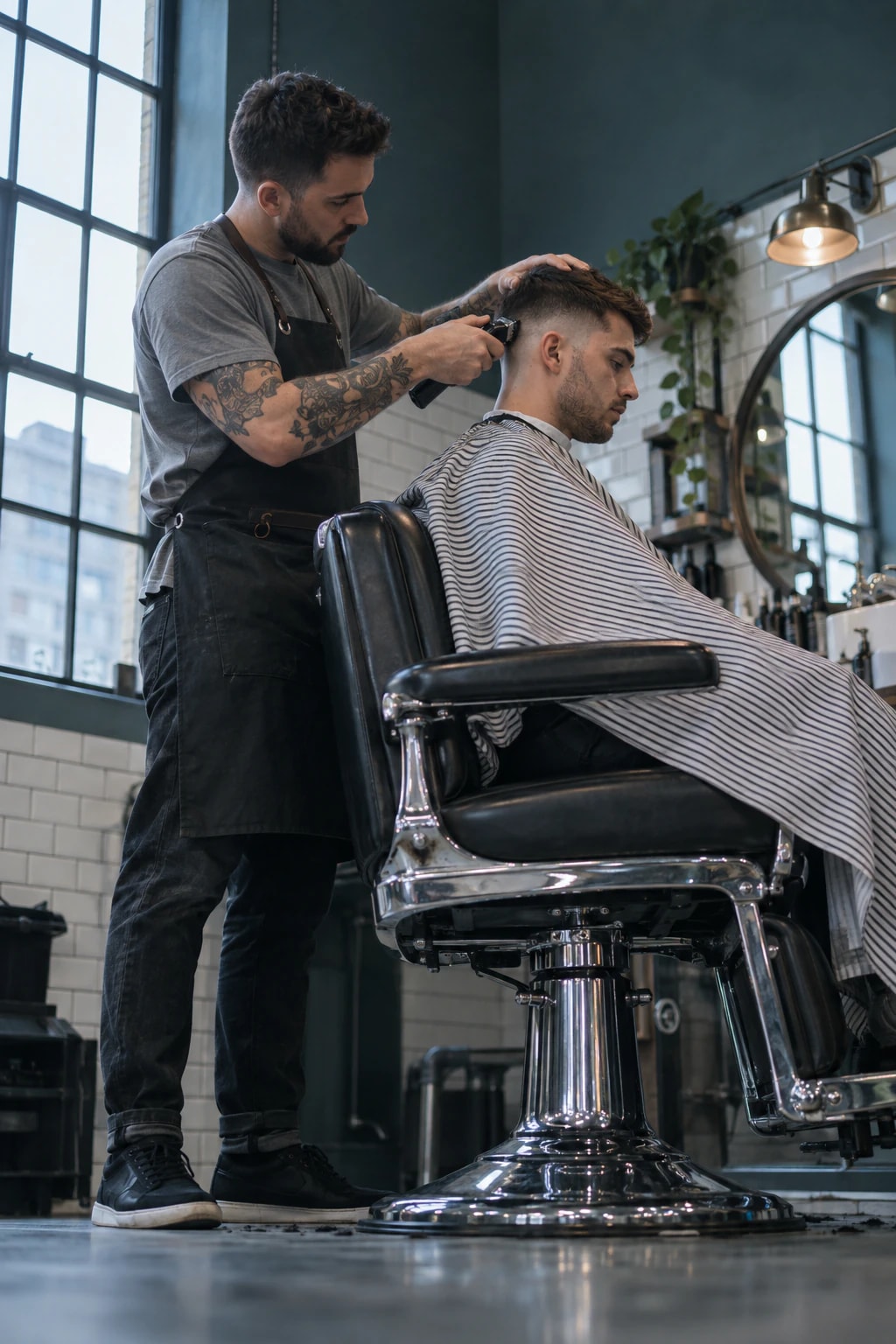 Barber z wytatuowanymi przedramionami robi fade maszynką, ujęcie spod fotela