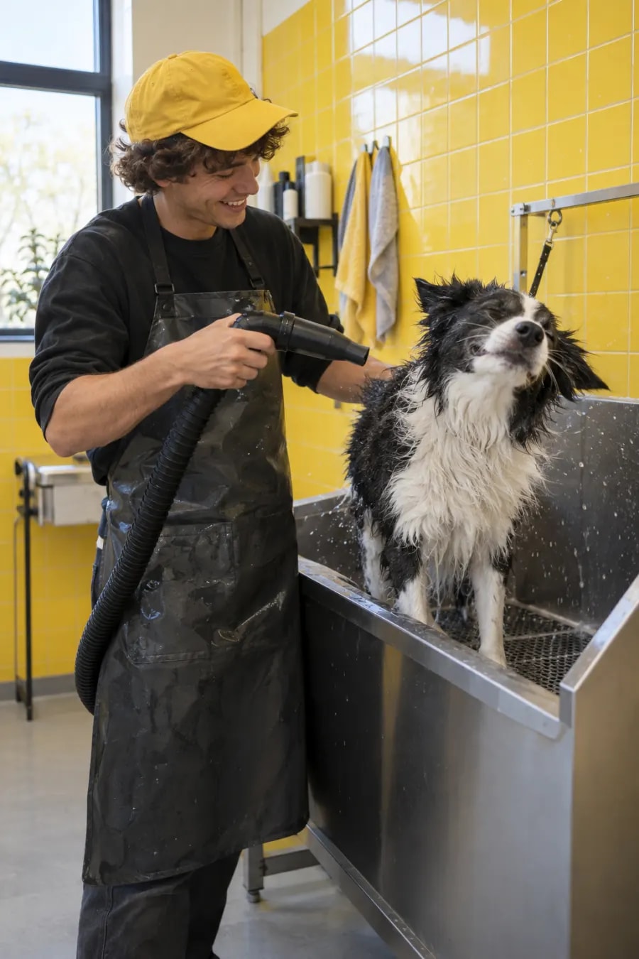 Groomer suszący border collie w wannie groomerskiej