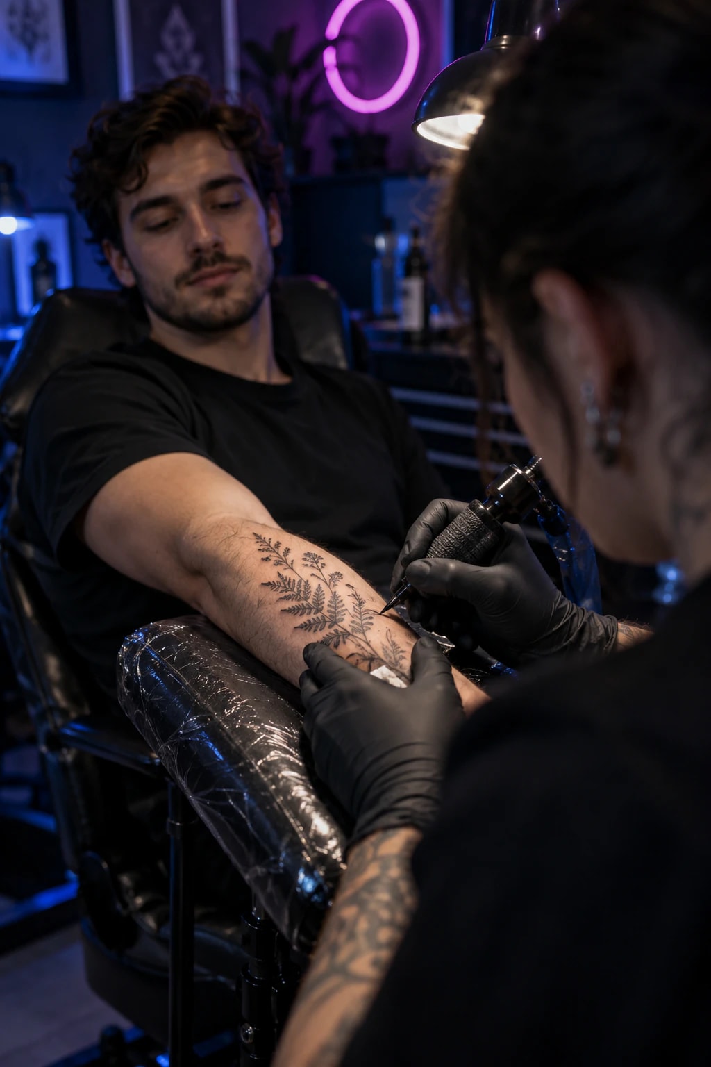 Tatuatorka wykonuje cienkimi liniami paproć na przedramieniu klienta